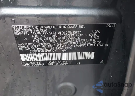 2014 Toyota Rav4 Le из США, поврежденный, VIN 2T3BFREV8EW184722